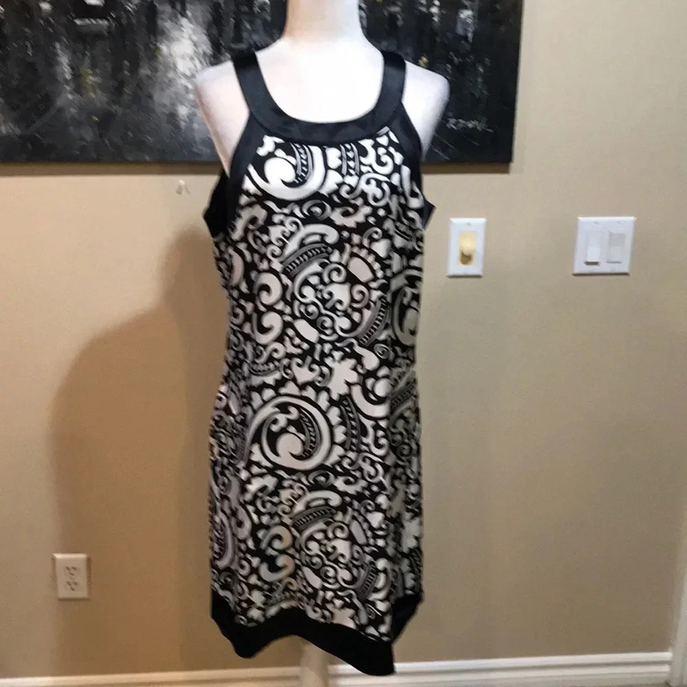 White House Black Market Black & White 100% Silk Shell Sleeveless Dress-Size 14